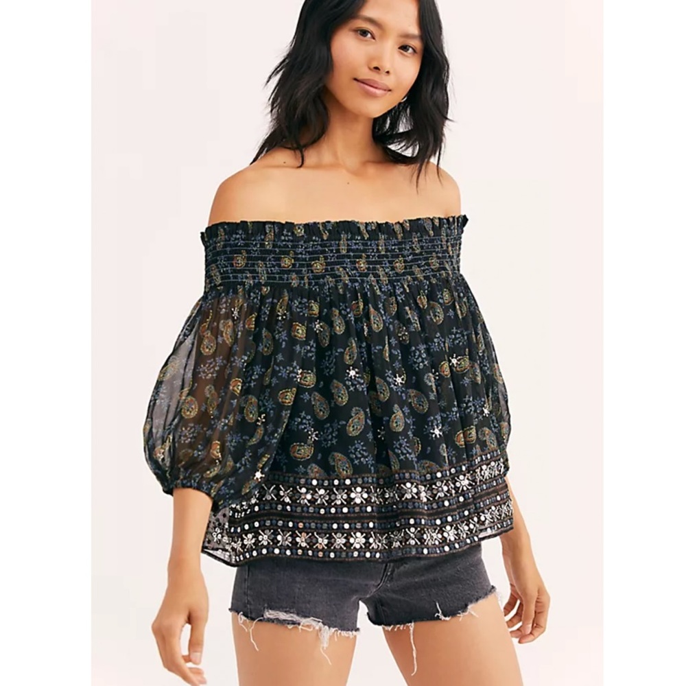 NWOT Free People Age Of Aquarius Embellished Boho Off Shoulder Peasant Blouse XS
